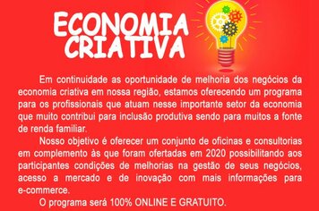 SEBRAE OFERECE CURSO GRATUITO E ONLINE DE ECONOMIA CRIATIVA PARA ITATINGA